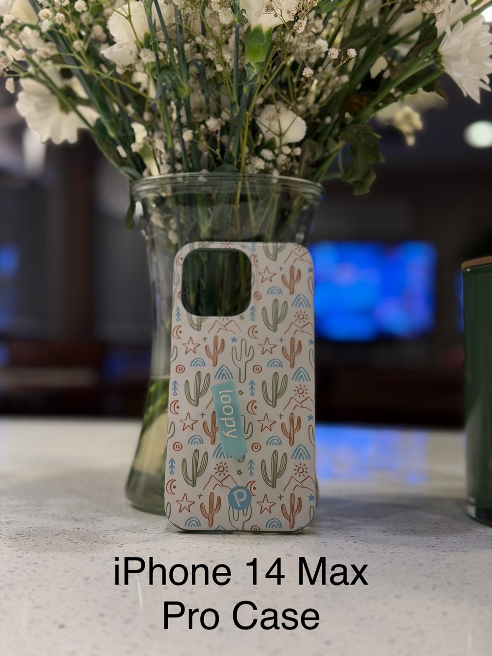Loopy Case iPhone 14 Max Pro Case — White with Tan & Green Cactus Print